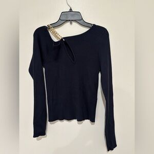 Black Ribbed Sweater with Gold Chain Detail